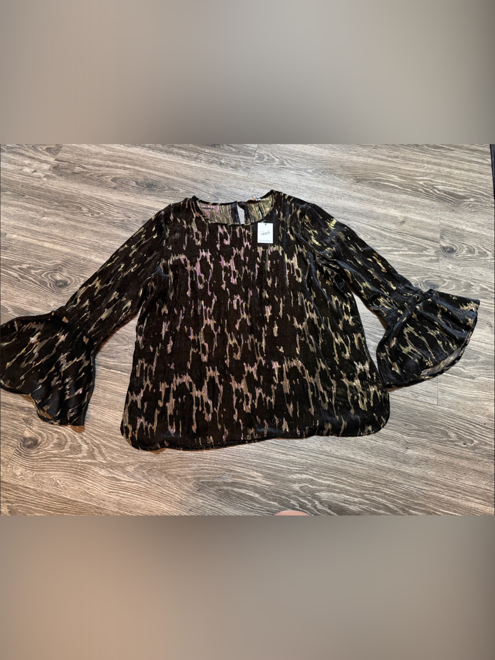 Calvin Klein Black Metallic-Pattern Bell Sleeve Blouse